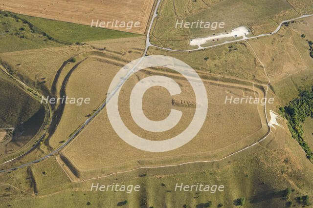 Bratton Castle, a bivallate Iron Age hillfort earthwork, a Neolithic..., Westbury, Wiltshire, 2022. Creator: Damian Grady.