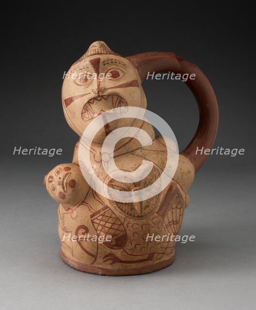 Handle Spout Vessel with Composite Relief Depicting a Human Head, Owl, and Serpent, 100 BC/AD 500. Creator: Unknown.