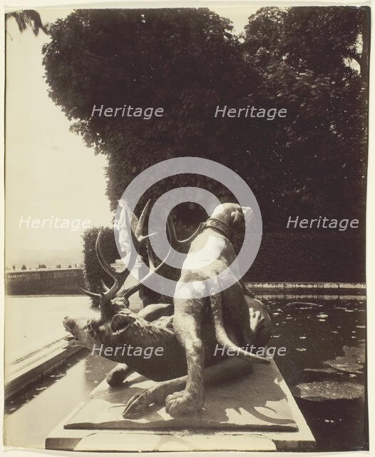 Versailles, Fontaine de Point du Jour, (Limier Abattant un Cerf par Houzeau), 1903. Creator: Eugene Atget.