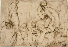 Venus and Mars with Putti (recto); Bearded Man Moving to Right (verso), c. 1550. Creator: Unknown.