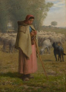 Young Girl Guarding Her Sheep, c1860-62. Creator: Jean Francois Millet.