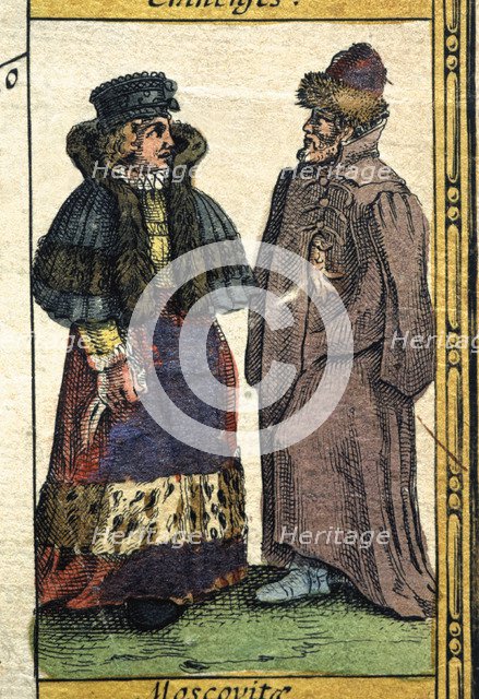 Muscovites types, colored engraving from the book 'Le Theatre du monde' or 'Nouvel Atlas', 1645, …