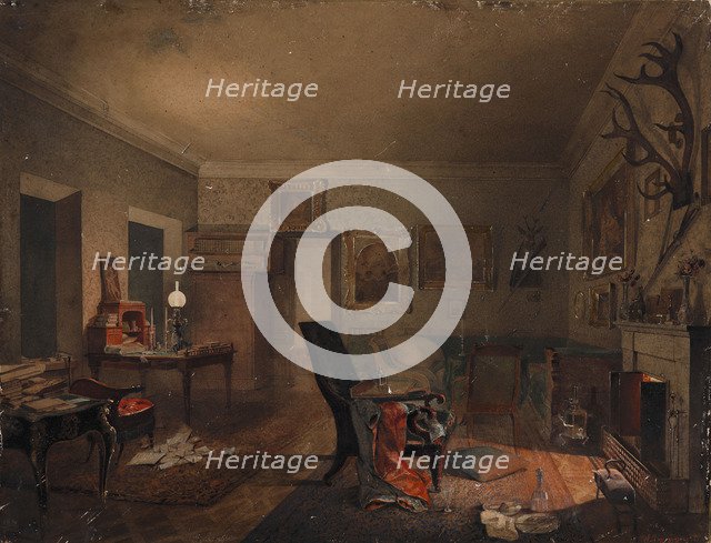 Interior with hunting trophies, 1853.