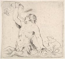 Plate 7: a triton in the water, facing left, holding up an eel in his right hand and t..., ca. 1646. Creator: Stefano della Bella.