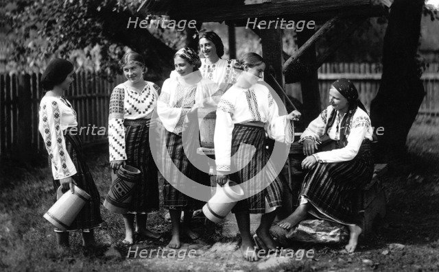 Young women chatting, Bistrita Valley, Moldavia, north-east Romania, c1920-c1945. Artist: Adolph Chevalier