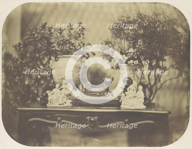 [Table Top Still Life with Model Cathedral and Small Sculptures], ca. 1856. Creator: Louis-Rémy Robert.