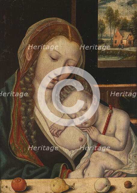 Virgin and Child with fruit on an entablature in the foreground, and window..., End of 16th cen... Creator: Anonymous.