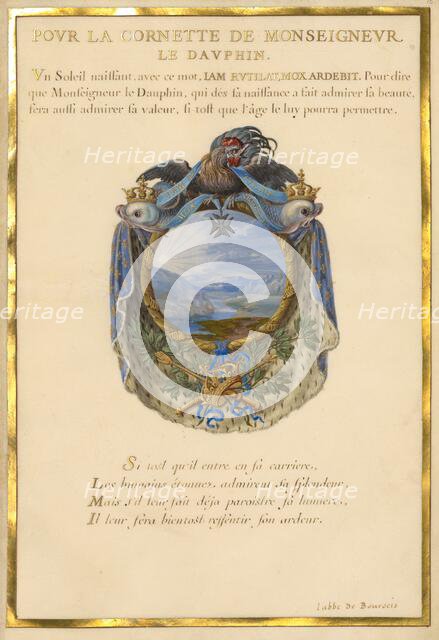 Escutcheon with a Landscape; Nine Emblems for Louis XIV, about 1663-1668. Creator: Jacques Bailly.