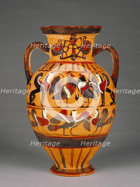 Attic Black-Figure Amphora ("Tyrrhenian"), 555-550 BC.   Creator: Pointed Nose Painter.