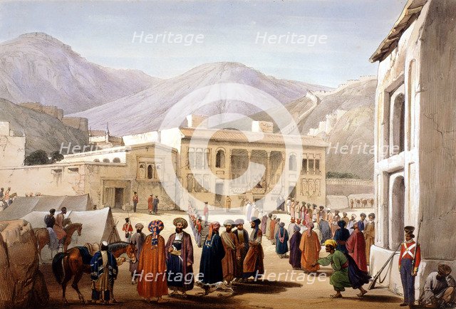 Shah Shoja, puppet of the British, holding a durbar at Kabul, First Anglo-Afghan War, 1838-1842. Artist: James Atkinson