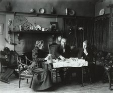 Frances Benjamin Johnston having tea with Elbert Hubbard (far right)...Washington, D.C., c1900. Creator: Frances Benjamin Johnston.