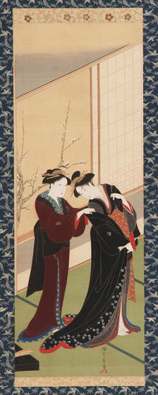 Interior: a woman helping a girl to dress, Edo period, 1726-1792. Creator: Katsukawa Shuncho.