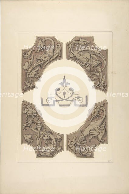 Grotesque designs featuring griffin, birds, and dolphins, 1830-97. Creators: Jules-Edmond-Charles Lachaise, Eugène-Pierre Gourdet.