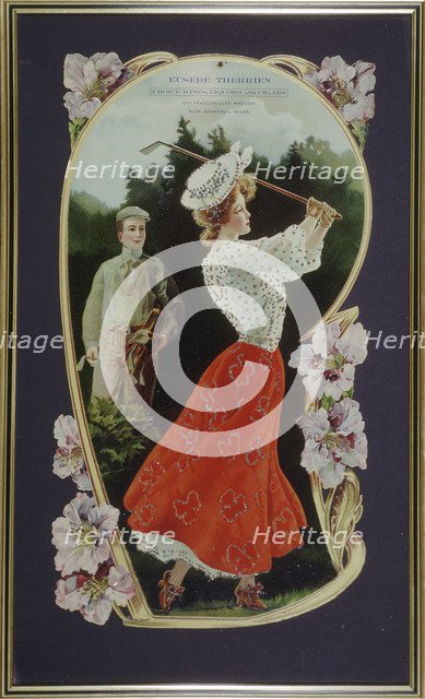 Lady golfer playing a shot, watched by her caddy, c1910. Artist: Unknown
