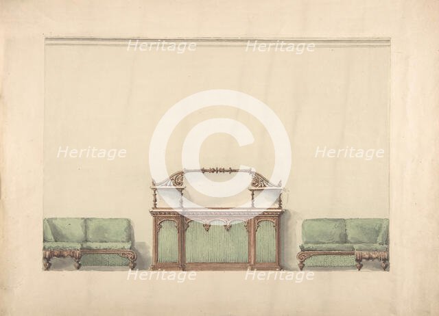 Design for a Mirrored, Marble-topped Cabinet and Two Sofas, early 19th century. Creator: Anon.