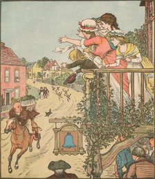 John Gilpin gallops past the Bell Inn as his wife and children wave from the balcony, 1878, (c1918). Creator: Randolph Caldecott.