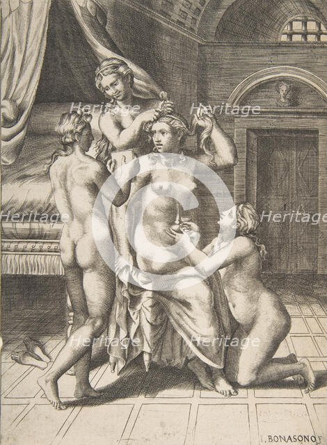 The toilet of Psyche who is seated in the centre being attended to, 1531-76. Creator: Giulio Bonasone.