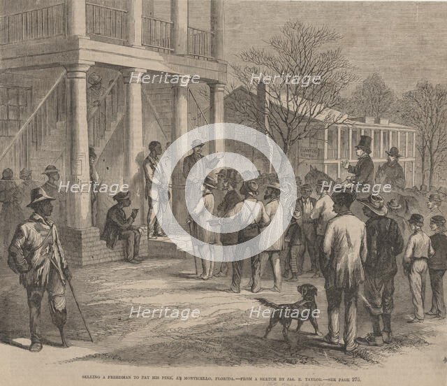 Selling a freedman to pay his fine, at Monticello, Florida, 1867. Creator: James Edward Taylor.
