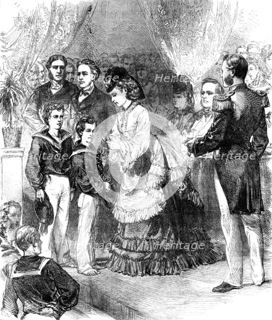 Princess Louise giving the prizes in the Clyde training-ship Cumberland, 1871. Creator: Unknown.