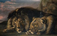 Sleeping Lion and Lioness 1823-1830. Creator: Samuel Raven.