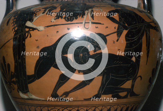 Heralles and Antaios, detail on Greek Neck-Amphora, c520BC-c510 BC.  Artist: Leagros Group.