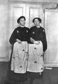 Emmeline and Christabel Pankhurst, English suffragettes, in prison dress, 1908. Artist: Unknown