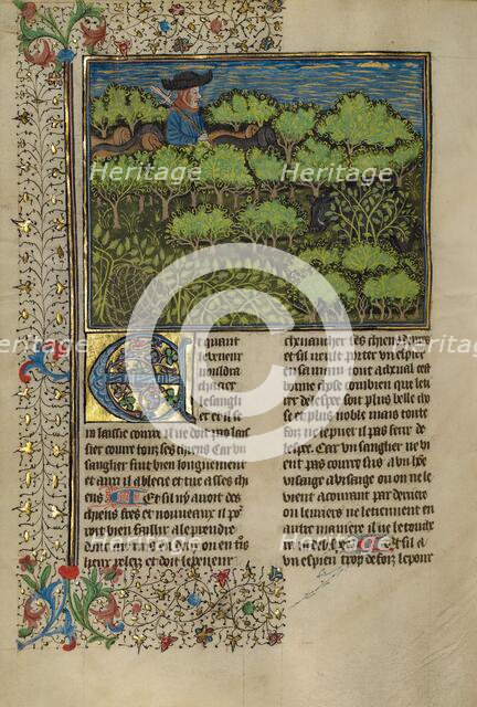 A Hunter and Dogs Pursuing a Wild Boar; Livre de la Chasse, about 1430-1440. Creator: Unknown.