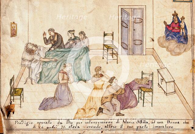 Four people praying to Sansovino's Virgin and Child for a woman in premature childbirth, 1871. Creator: Unknown.