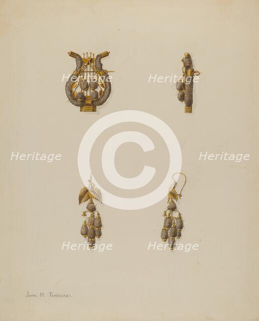 Brooch and Earrings, c. 1938. Creator: John H. Tercuzzi.