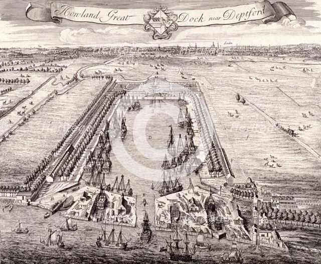 Aerial view of Howland Great Dock, Rotherhithe, Bermondsey, London, c1717. Artist: Johannes Kip