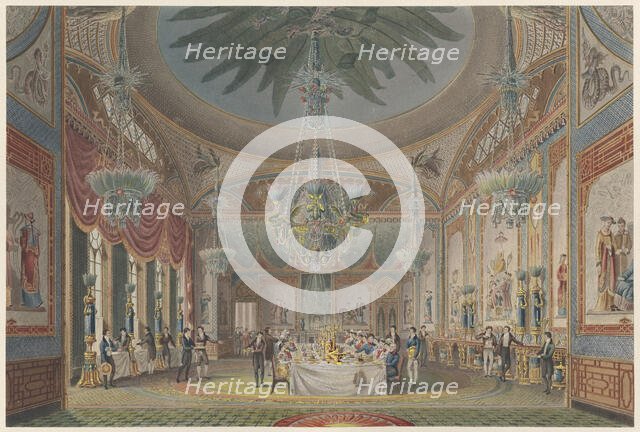 The Banquetting Room, Royal Pavilion, Brighton [as designed by John Nash], 1 December 1824. Creators: John Le Keux, John Samuel Agar.