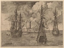Four-Master (Left) and Two Three-Masters Anchored near a Fortified Island with a Lighthouse,1565. Creator: Frans Huys.