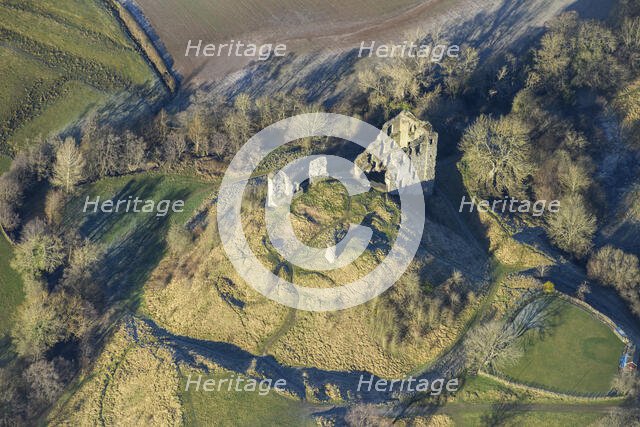 The remains of Clun Castle, a motte and bailey castle, Clun, Shropshire, 2024. Creator: Damian Grady.