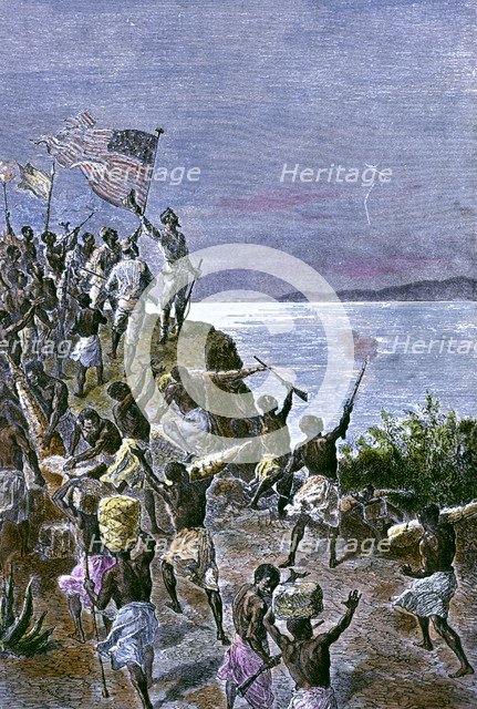 Arrival of the explorer Sir Henry Morton Stanley (1841-1904) to Lake Tanganyika, engraving from 1…
