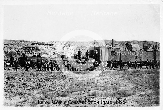 Construction train on the Union Pacific Railroad, USA, 1868. Artist: Unknown