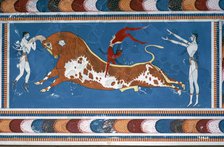 Reconstruction of the 'Bull-leaping' fresco from the Minoan Royal palace at Knossos. Artist: Unknown