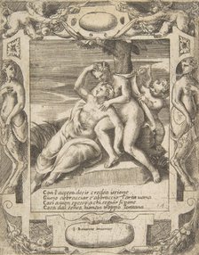 Ixion embracing a cloud, thinking it is Juno, Cupid at the right, set within an elabora..., 1531-76. Creator: Giulio Bonasone.