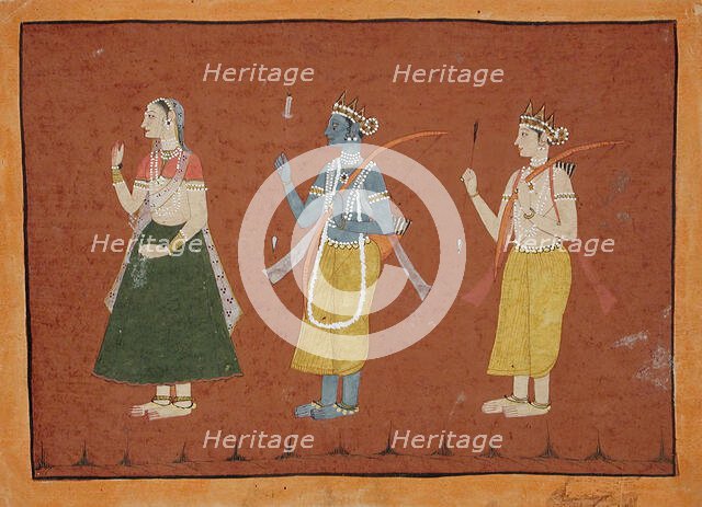 Rama, Sita, and Lakshmana, Folio from a Ramayana, between c1685 and c1690. Creator: Unknown.