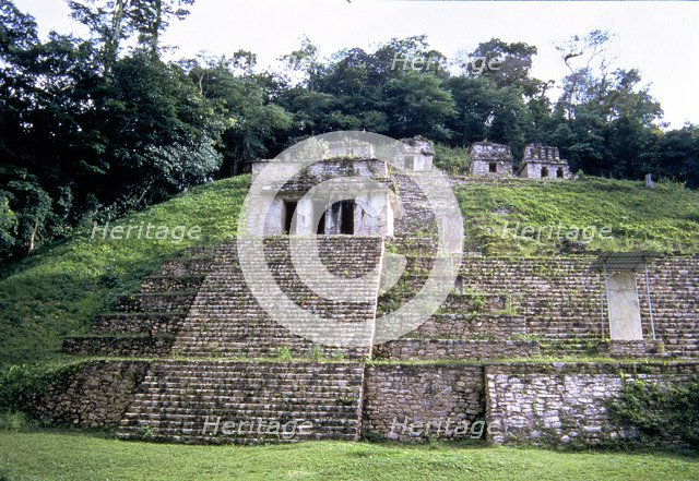 View of a pyramid at the Mayan ruins of Bonampak.