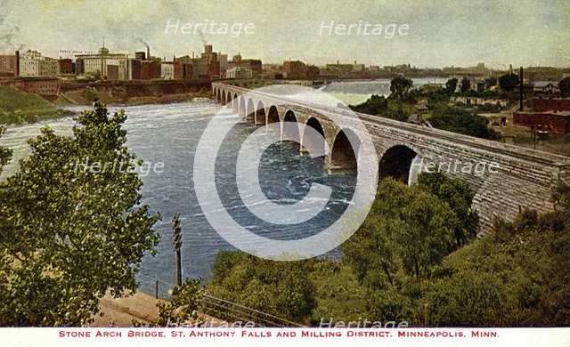 Stone Arch Bridge, St Anthony Falls and the milling district, Minneapolis, Minnesota, USA, 1915. Artist: Unknown