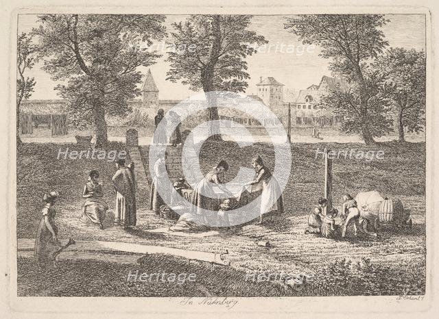Outdoor Scene of Women in Domestic Activities in Nurnberg, 19th century. Creator: Johann Christian Erhard.