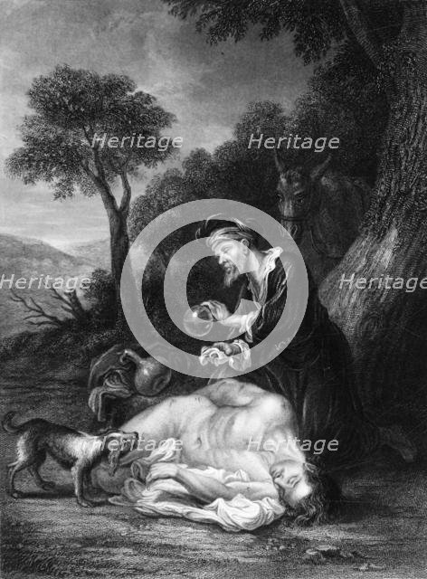 'He bound up his wounds, pouring in oil and wine', c1830s. Creator: GH Adcock.