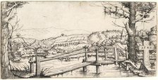 River Landscape with a Footbridge, 1546. Creator: Augustin Hirschvogel.