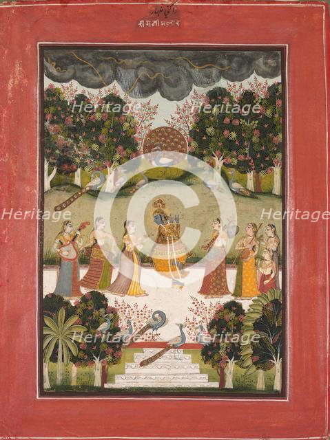 Malar Ragini: Krishna Playing the Flute to Seven Gopis Holding Musical Instruments..., c. 1760. Creator: Unknown.