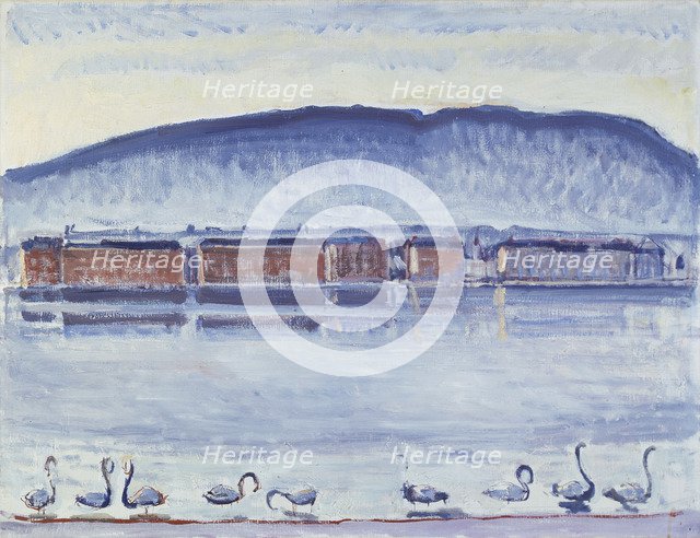 Lake Geneva with Mont Salève and Swans. Artist: Hodler, Ferdinand (1853-1918)
