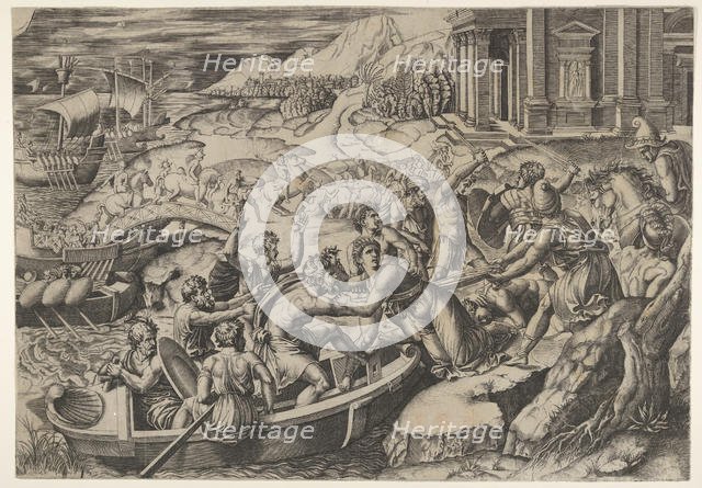 The abduction of Helen; battle scene on a shore with two men pulling Helen into a b..., ca. 1520-27. Creator: Marcantonio Raimondi.