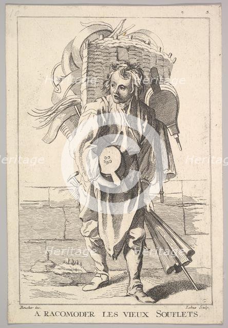 Reverse copy of A Racomoder les Vieux Souflets (Mend the Old Bellows), from Le Cri..., 18th century. Creator: Jacques Philippe Le Bas.