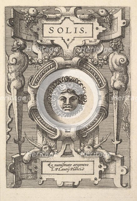 Bust of Sol surrounded by strapwork, from the series 'Deorum dearumque,' a set of images o..., 1573. Creators: Gerard van Groeningen, Johannes van Doetecum I, Lucas van Doetecum.