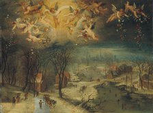 A winter landscape with villagers gathering wood and skaters on a frozen river..., First third of 17 Creator: Brueghel, Jan, the Elder (1568-1625).
