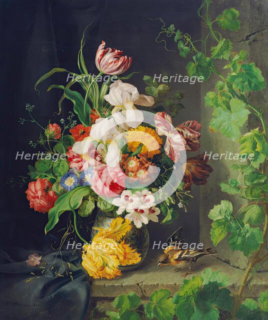 Floral still life with sparrow and vine, 1848. Creator: Josef Lauer.